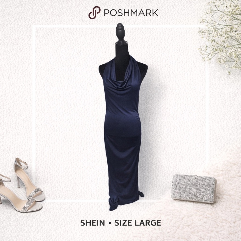 SHEIN Navy Blue Satin Cocktail Dress Size Large | Cowl Neck Fitted